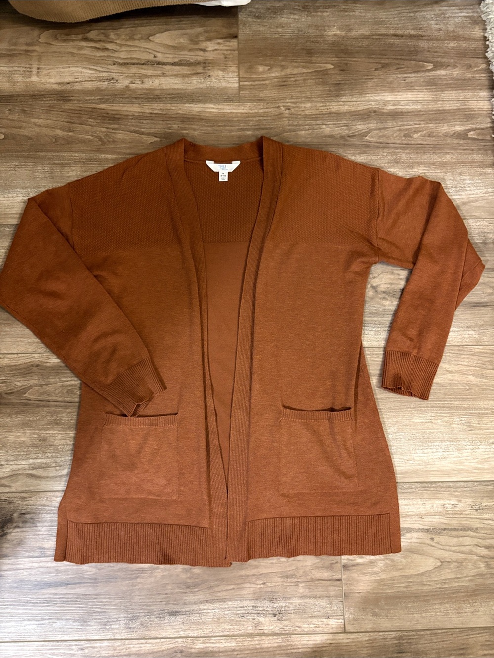 Time and Tru Open-Front Rust Orange Cardigan